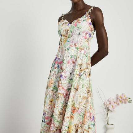 Emery White Floral Midi Dress V-neckline spaghetti straps floral embroidery A-line skirt rear zip fastening midi length elegance sophistication timeless charm