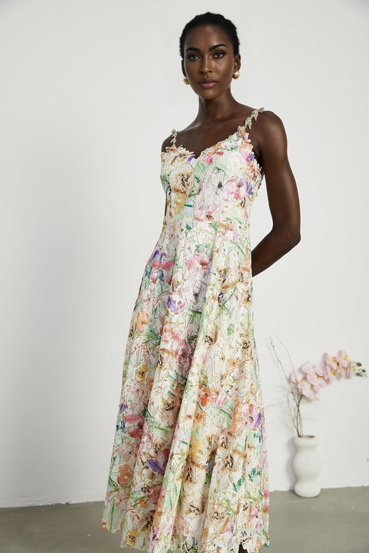 Emery White Floral Midi Dress V-neckline spaghetti straps floral embroidery A-line skirt rear zip fastening midi length elegance sophistication timeless charm