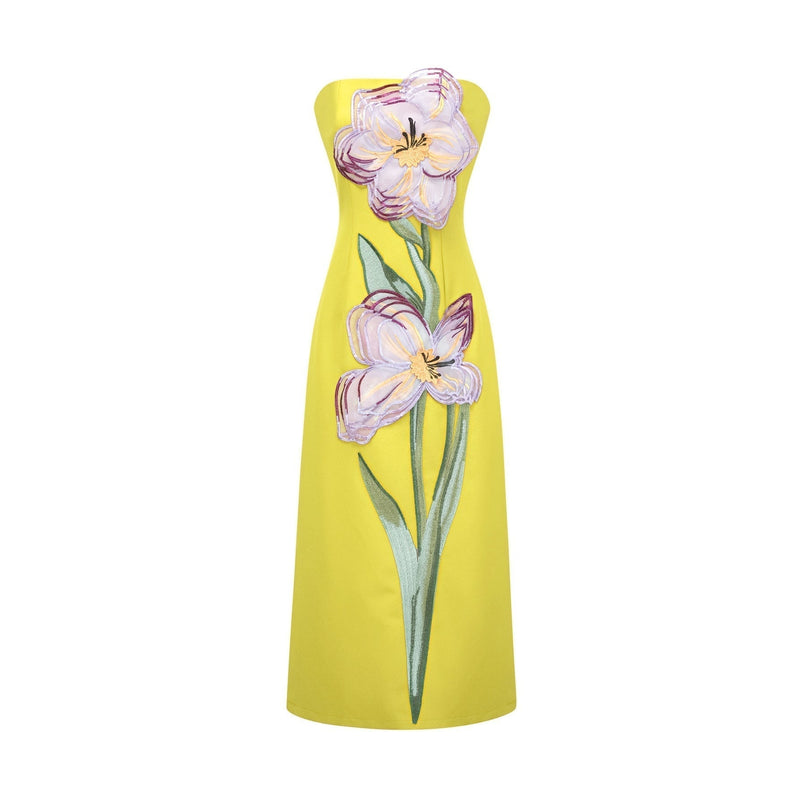 Emery Yellow Floral Embroidered Sequin Midi Dress with Off-Shoulder Silhouette and Rear Slit