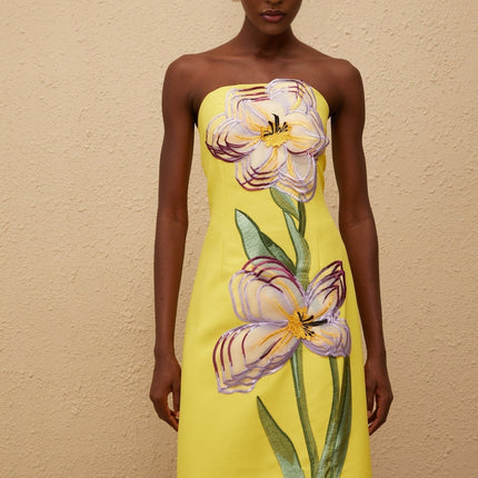 Emery Yellow Floral Embroidered Sequin Midi Dress with Off-Shoulder Silhouette