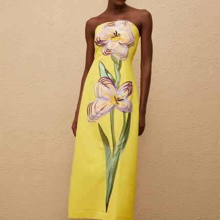 Emery Yellow Floral Embroidered Sequin Midi Dress with Off-Shoulder Silhouette and Rear Slit