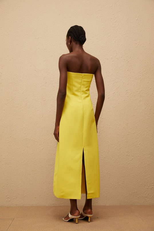 Emery Yellow Floral Embroidered Sequin Midi Dress with Off-Shoulder Silhouette and Rear Slit