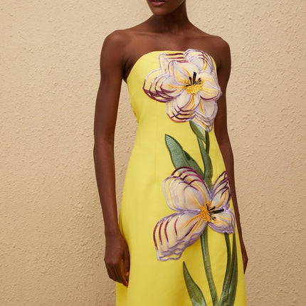 Emery Yellow Floral Embroidered Sequin Midi Dress with Off-Shoulder Silhouette and Rear Slit