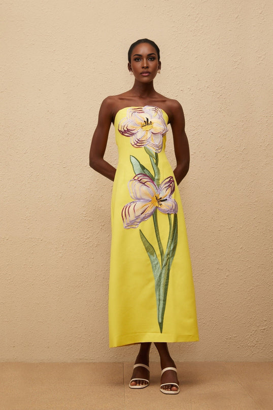 Emery Yellow Midi Dress with Floral Embroidery and Sequin Embellishments
