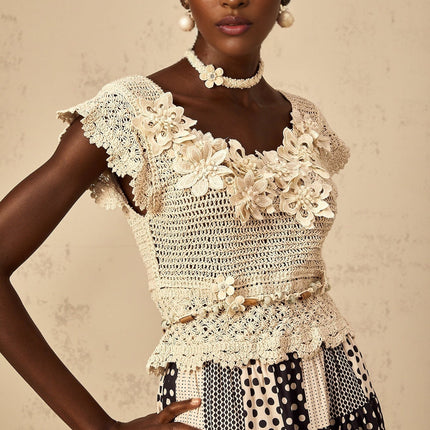 Emilee Neutrals Beaded 3D-Petal Crochet Knit Top Round Neck Cap Sleeves Terylene Fiber Composition