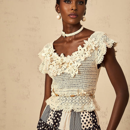 Emilee Neutrals Beaded Crochet Knit Top with 3D Petal Cut-Out Designs