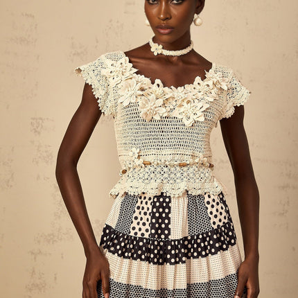 Emilee Neutrals Beaded Crochet Knit Top 3D-Petal Cut-Outs Round Neck Cap Sleeves Terylene Fiber Composition