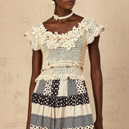 Emilee Neutrals Beaded Crochet Knit Top with 3D-Petal Cut-Out Designs