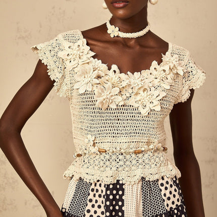 Emilee Neutrals Beaded 3D-Petal Crochet Knit Top Round Neck Cap Sleeves