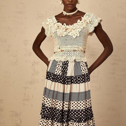 Emilee Neutrals Bead Embellished 3D-Petal Cut-Out Crochet Knit Top