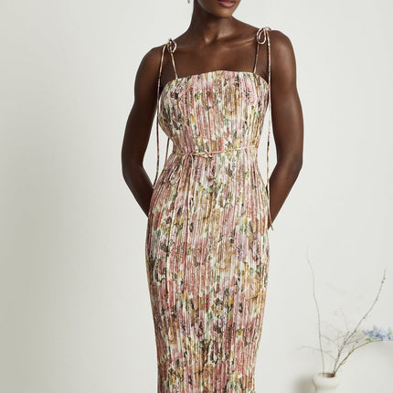Emilee Pink Rose Print Pleated Midi Dress