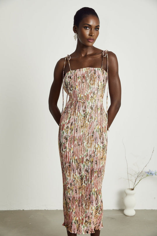 Emilee Pink Rose Print Pleated Midi Dress