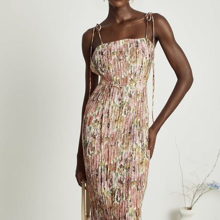 Emilee Pink Rose Print Pleated Midi Dress