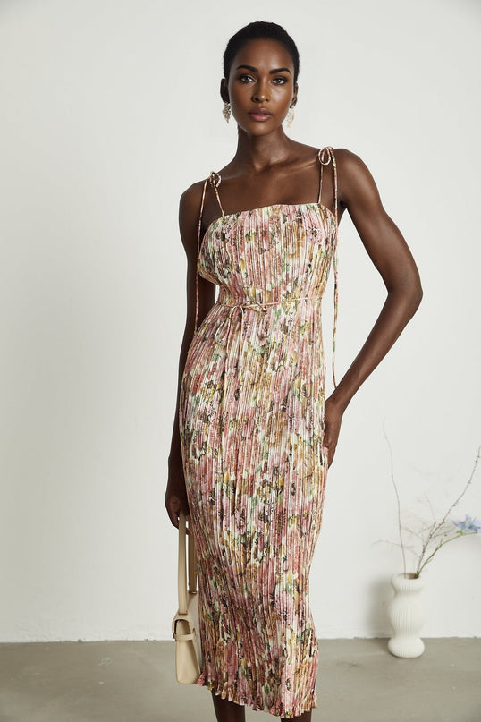 Emilee Pink Rose Print Pleated Midi Dress