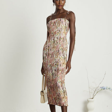 Emilee Pink Rose Print Pleated Midi Dress