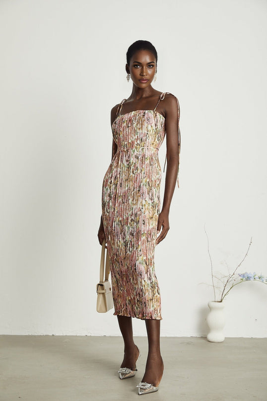 Emilee Pink Rose Print Pleated Midi Dress