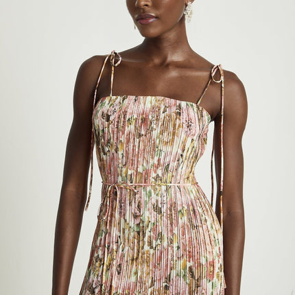 Emilee Pink Rose Print Pleated Midi Dress