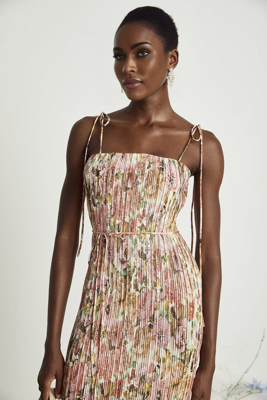 Emilee Pink Rose Print Pleated Midi Dress