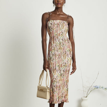 Emilee Pink Rose Print Pleated Midi Dress