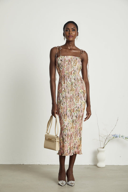 Emilee Pink Rose Print Pleated Midi Dress