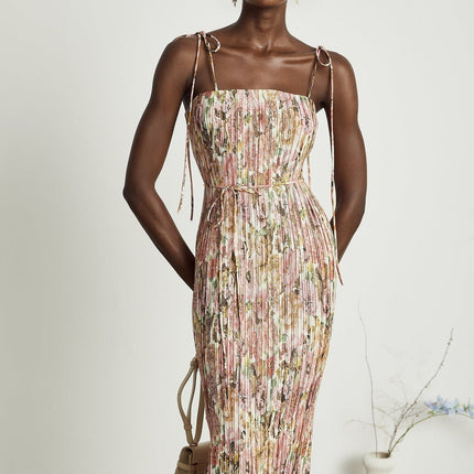 Emilee Pink Rose Print Pleated Midi Dress