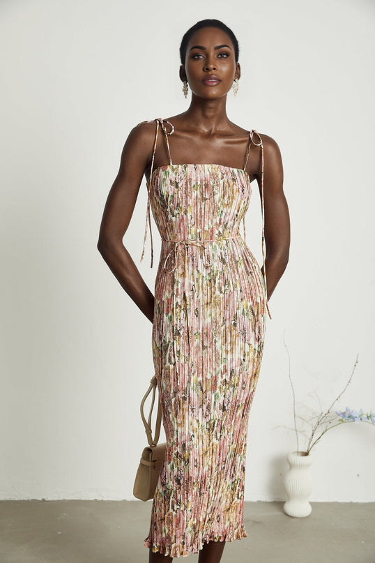 Emilee Pink Rose Print Pleated Midi Dress