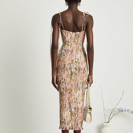 Emilee Pink Rose Print Pleated Midi Dress