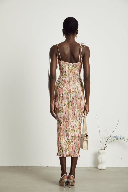 Emilee Pink Rose Print Pleated Midi Dress