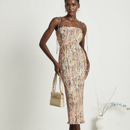 Emilee Pink Rose Print Pleated Midi Dress in Stretch Jersey Fabric