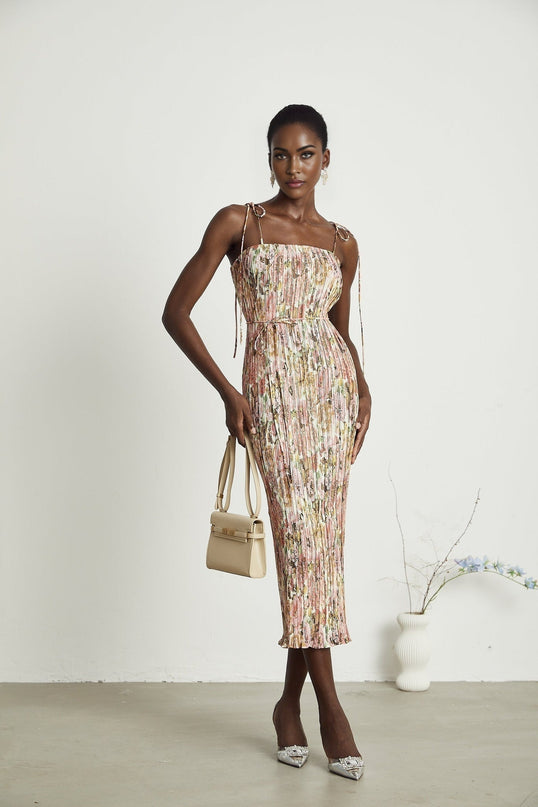 Emilee Pink Rose Print Pleated Midi Dress in Stretch Jersey Fabric