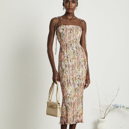 Emilee Pink Rose Print Pleated Midi Dress