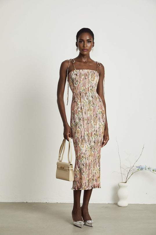 Emilee Pink Rose Print Pleated Midi Dress