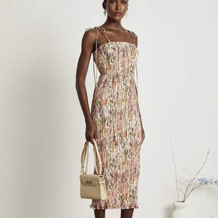 Emilee Pink Rose Print Pleated Midi Dress