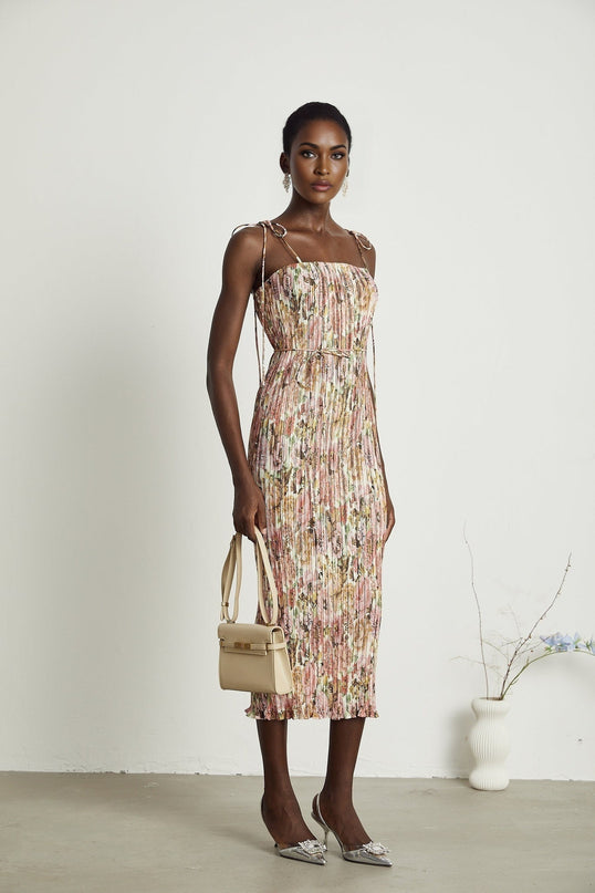 Emilee Pink Rose Print Pleated Midi Dress