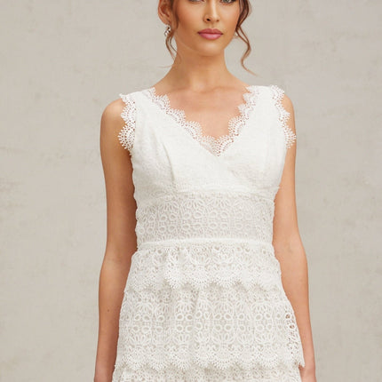 Emilee White Lace Trim Tiered Mini Dress