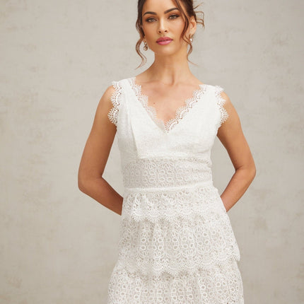 Emilee White Lace Trim Tiered Mini Dress