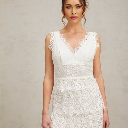 Emilee White Lace Trim Tiered Mini Dress