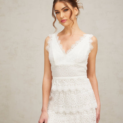 Emilee White Lace Trim Tiered Mini Dress