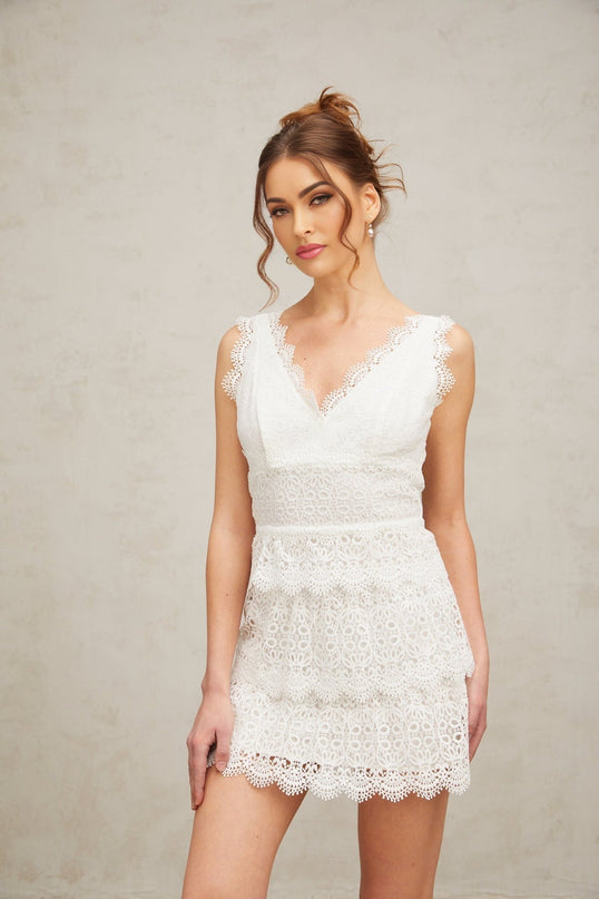 Emilee White Lace Trim Tiered Mini Dress