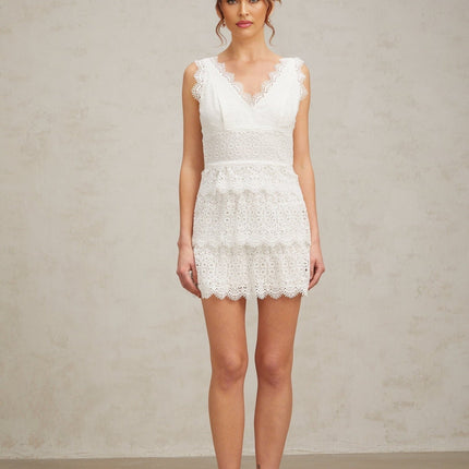 Emilee White Lace Trim Tiered Mini Dress