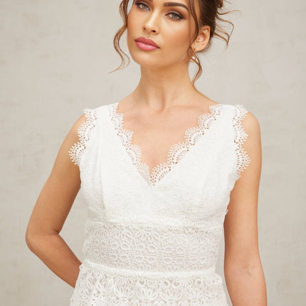 Emilee White Lace Trim Tiered Mini Dress