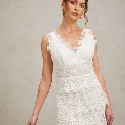 Emilee White Lace Trim Tiered Mini Dress
