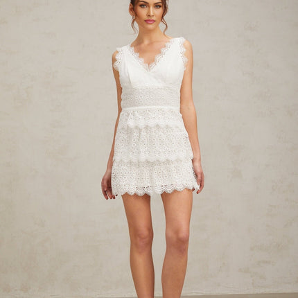 Emilee White Lace Trim Tiered Mini Dress