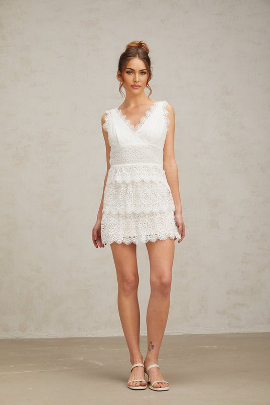 Emilee White Lace Trim Tiered Mini Dress