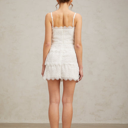 Emilee White Lace Trim Tiered Mini Dress