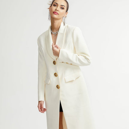 Emilee White Wool Blend Coat with Tonal Lapels and Front Button Fastening