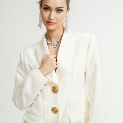 Emilee White Wool Blend Coat with Tonal Lapels and Button Detailing