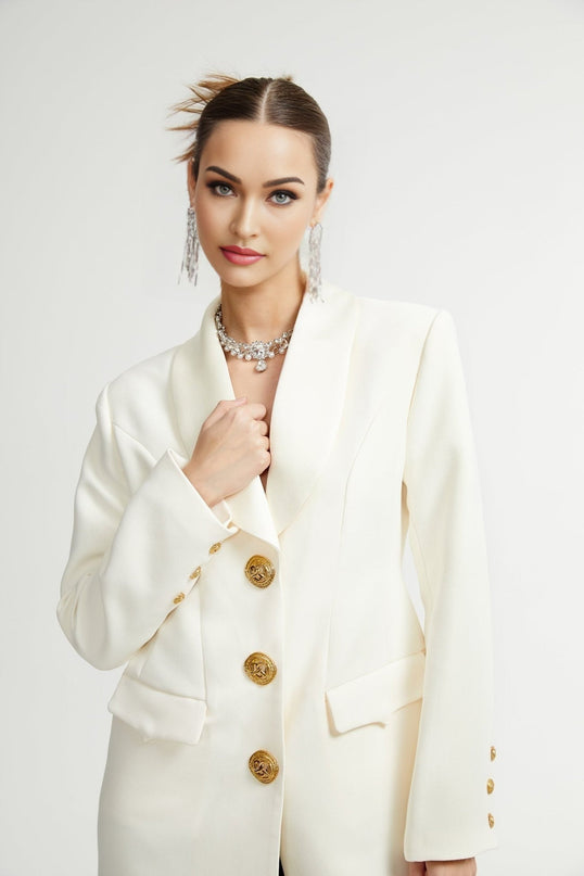 Emilee White Wool Blend Coat with Tonal Lapels and Button Detailing