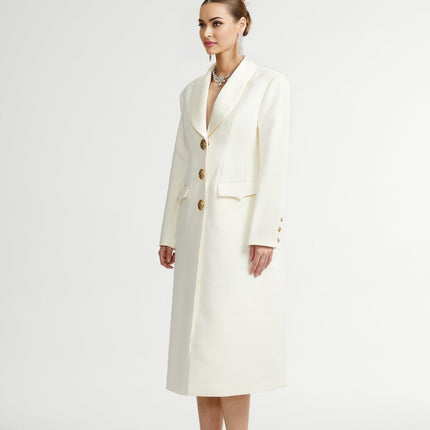 Emilee White Wool Blend Coat with Tonal Lapels and Button Detailing