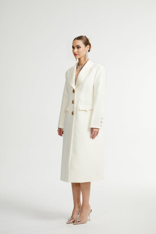 Emilee White Wool Blend Coat with Tonal Lapels and Button Detailing